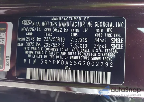 2016 Kia Sorento 3.3L Sx z USA, uszkodzony, nr VIN 5XYPKDA55GG002292